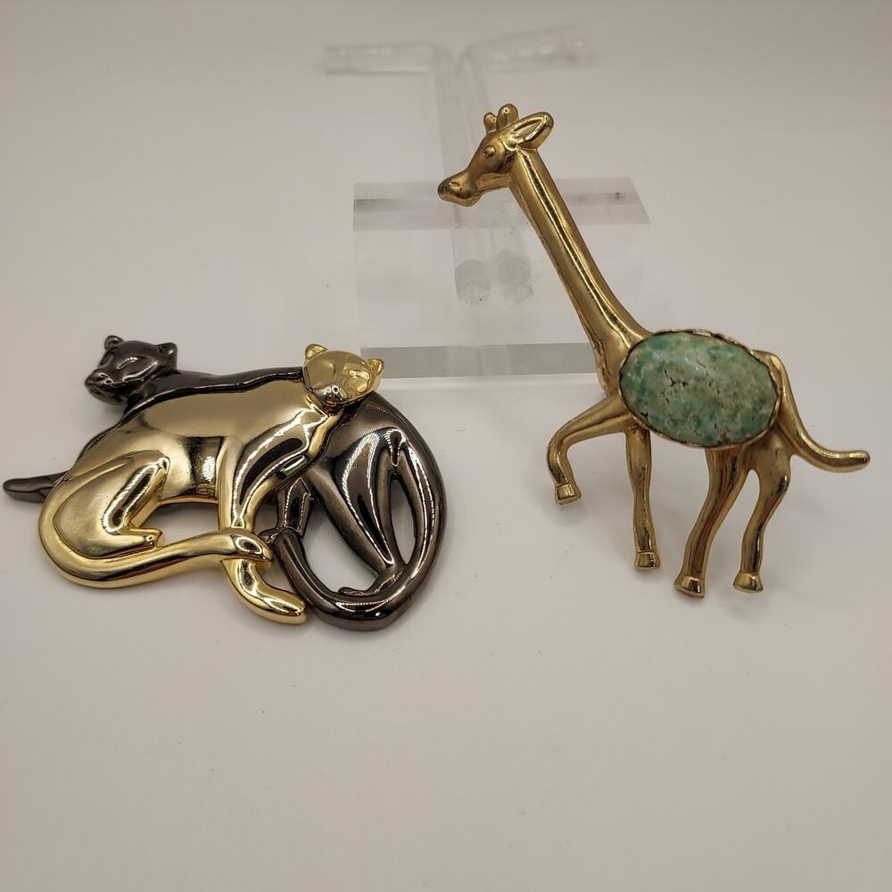 African Safari Animals Brooch Lot Stone Giraffe Gold Black Panther Vintage 1980s